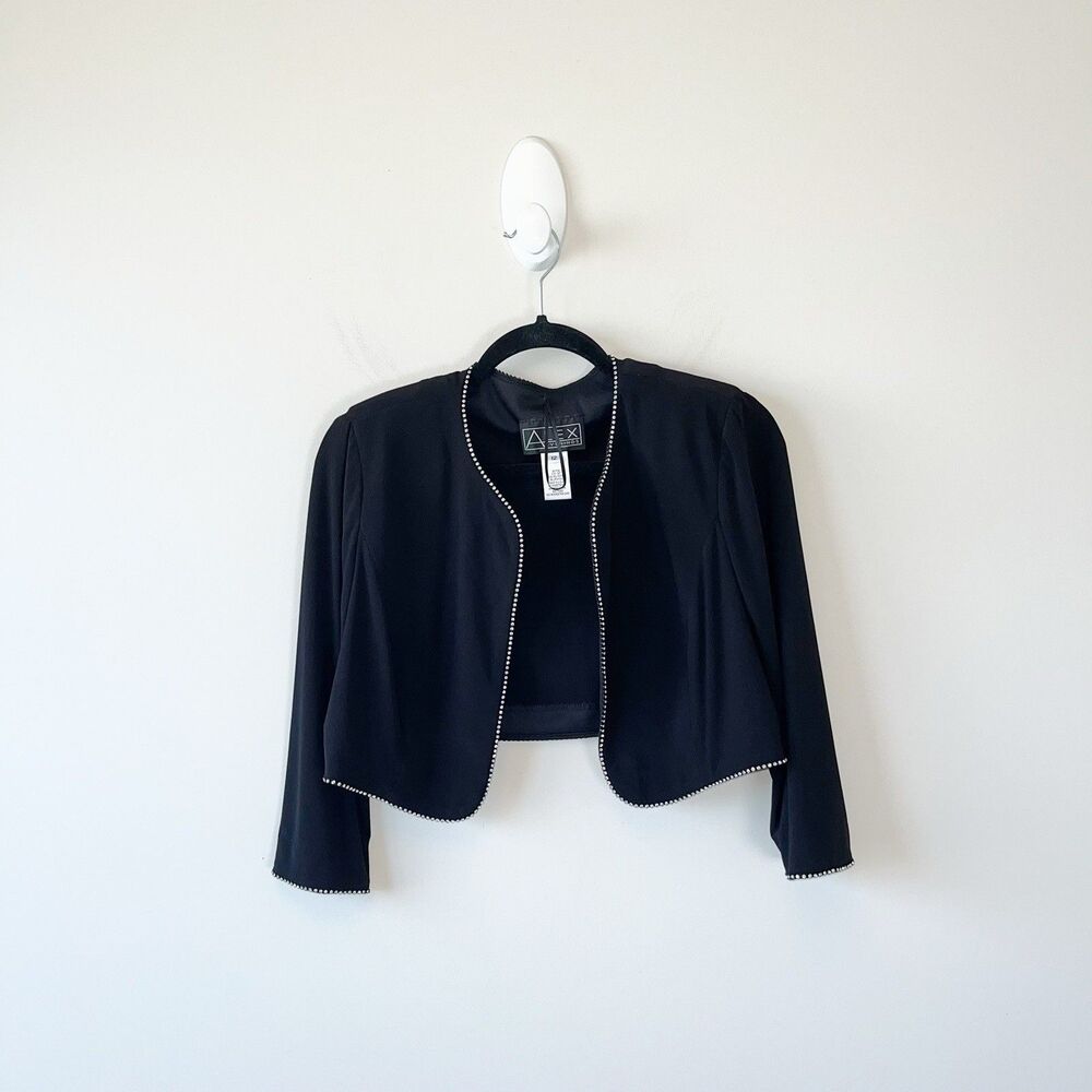 Alex Evenings Black Cropped Open-Front Bolero Jacket Rhinestone Trim Size 12